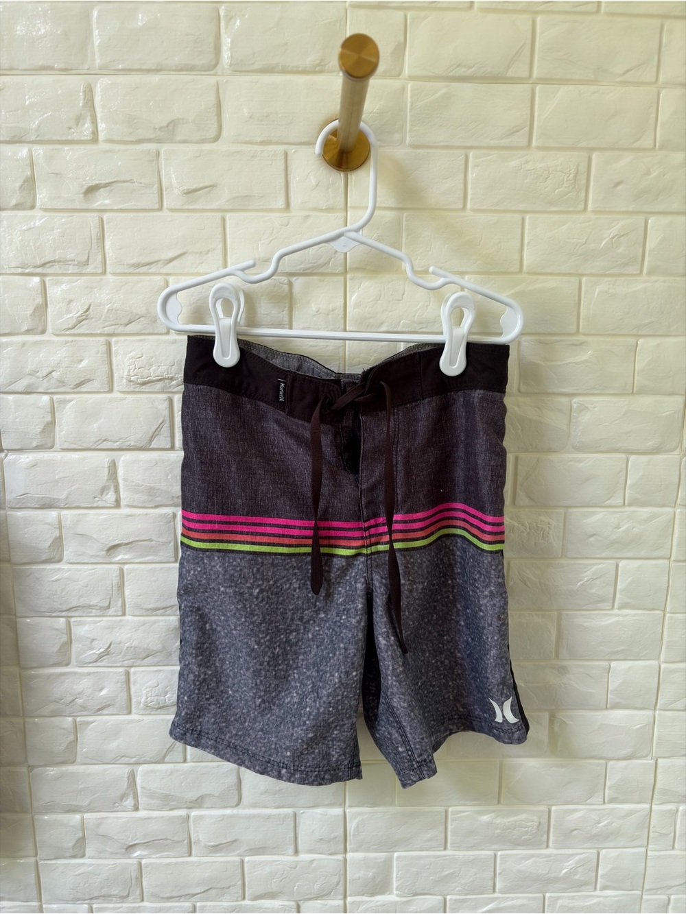Hurley Kids Gray Swim Trunks with Pink & Green Stripes